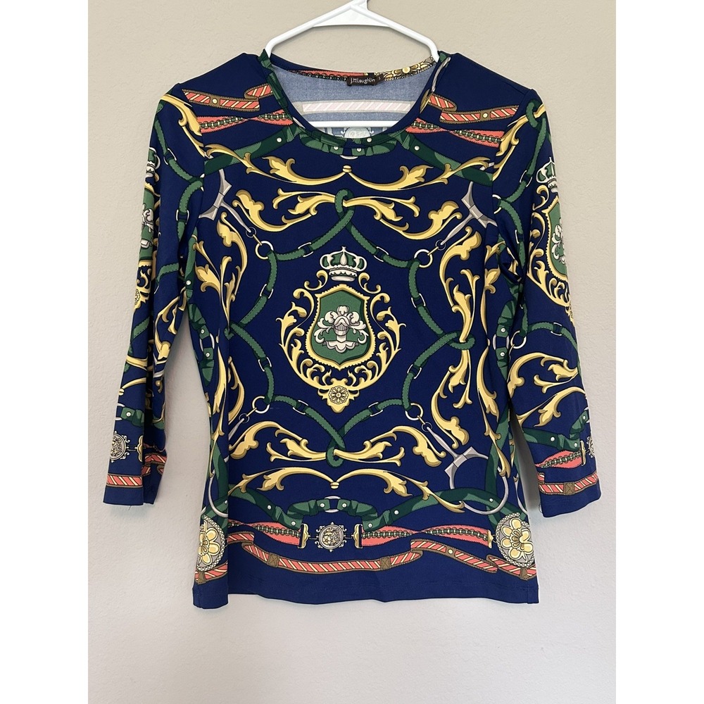 J. McLaughlin Blue Equestrian Chain Print Catalina Cloth Top sz Small
